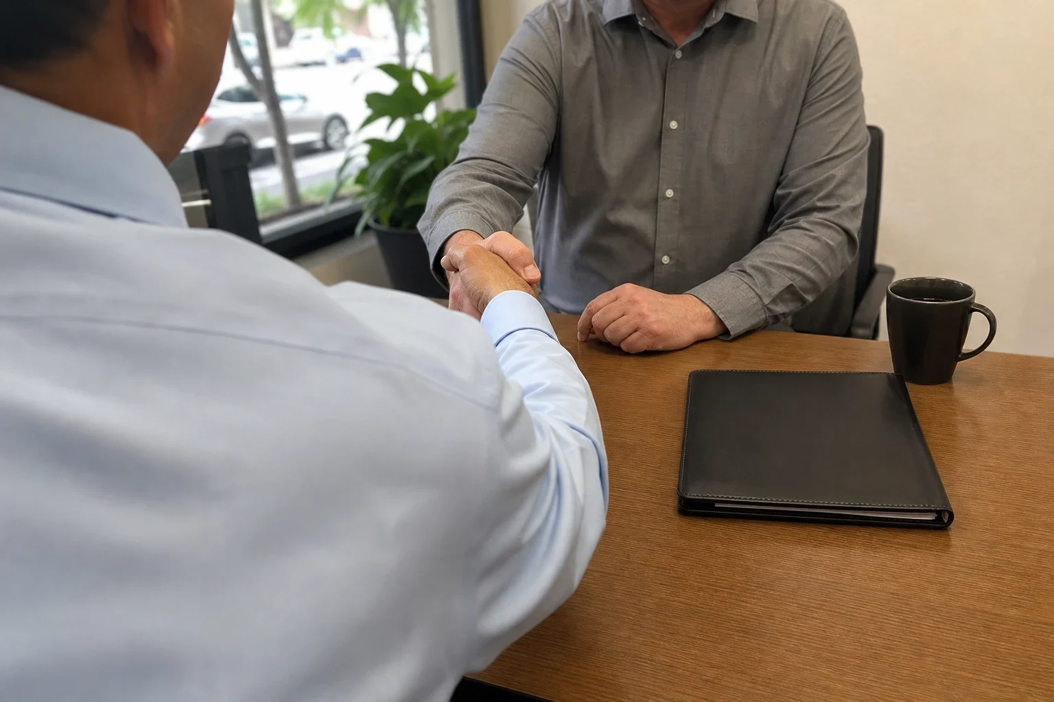Over-the-shoulder view of an agent in a light blue shirt shaking hands with a client in a gray shirt across a wooden desk with a black folder and coffee mug