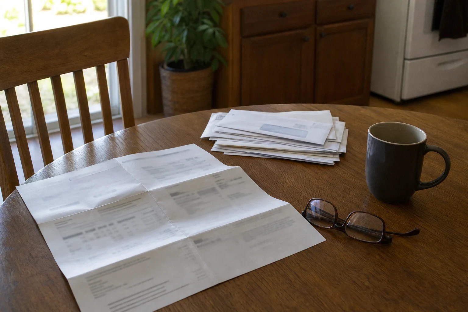 Wooden kitchen table with an unfolded statement, a stack of envelopes, reading glasses and a gray coffee mug near a window and wood cabinets