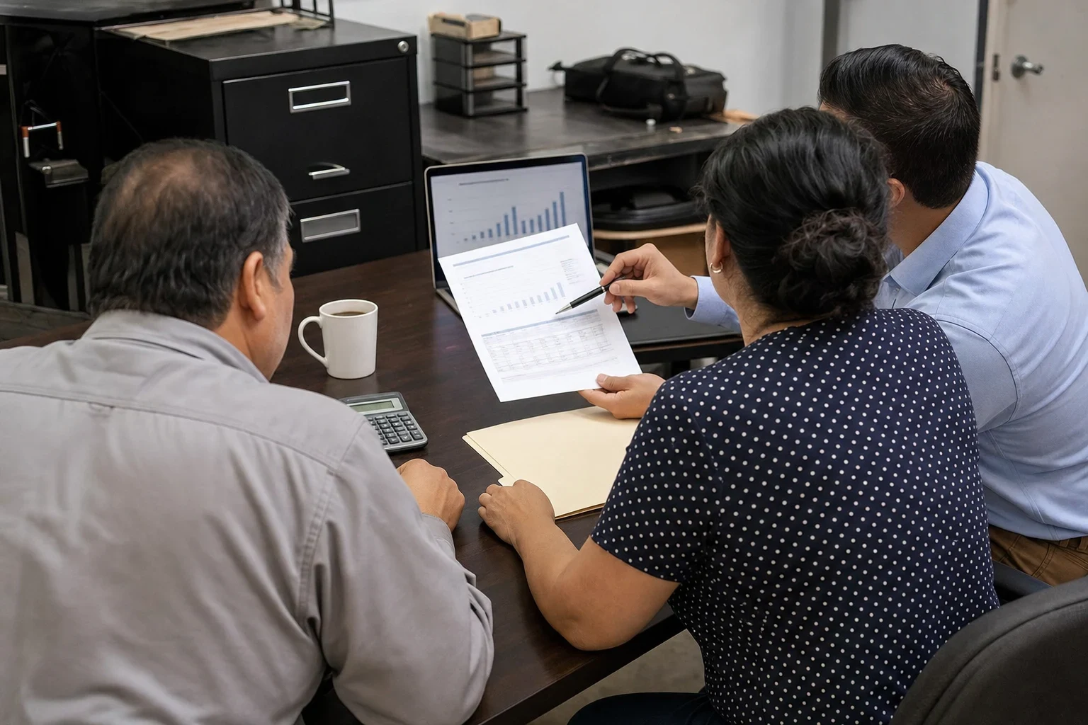 Agent points a pen at a printed coverage chart as two small-business owners read along at a desk in a back office with filing cabinets