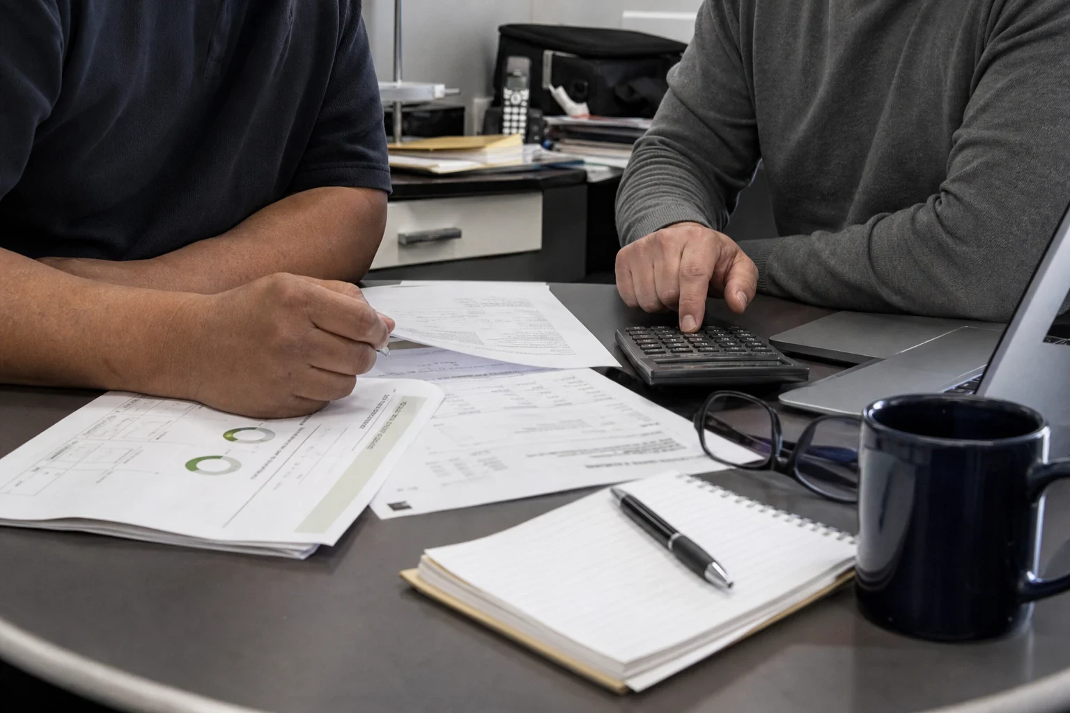 Two people at a round office table reviewing printed statements, one tapping a calculator, with a notepad, pen, glasses, coffee mug and laptop nearby