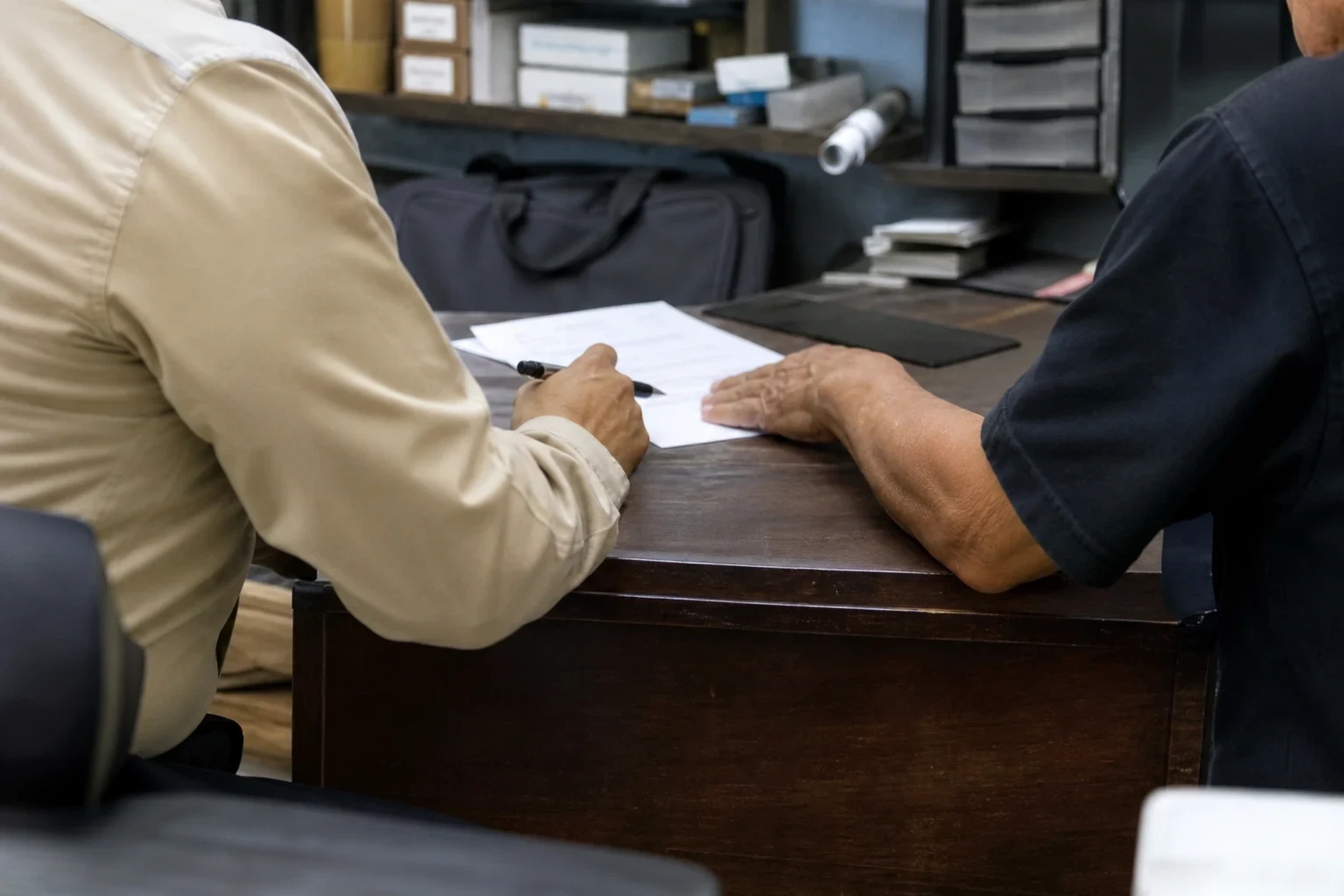 Two men at a dark wooden desk in a cluttered back office, one holding a pen over a short paper form while the other rests his hand on the page