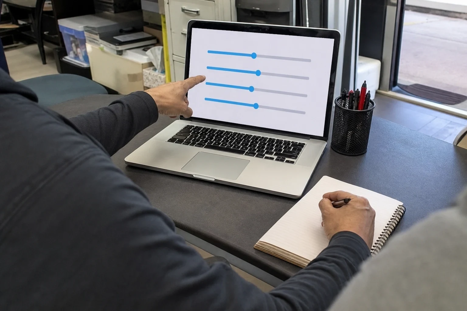 Over-the-shoulder view of a person pointing at adjustable slider options on a laptop while writing in a spiral notebook at a cluttered office desk